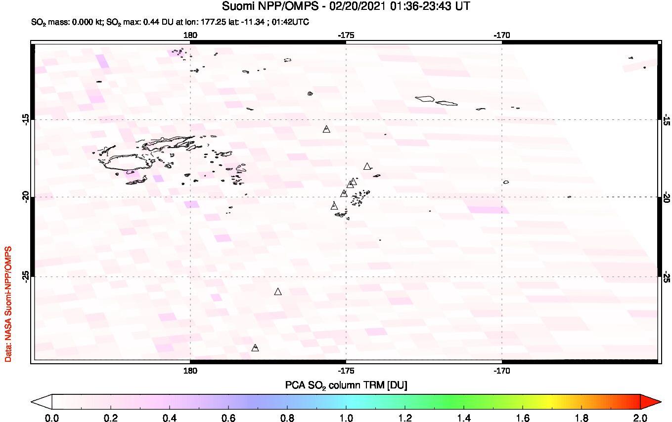 A sulfur dioxide image over Tonga, South Pacific on Feb 20, 2021.