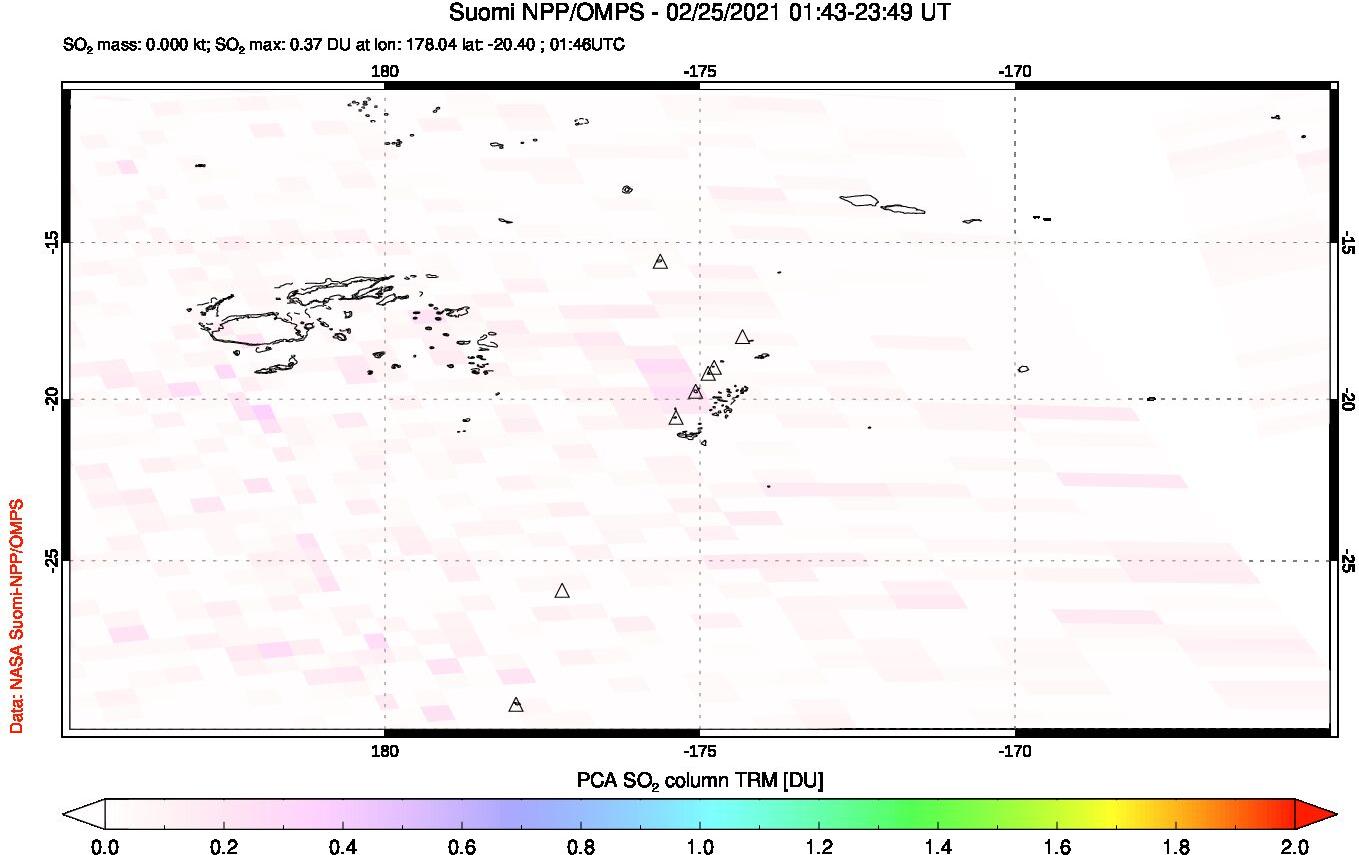 A sulfur dioxide image over Tonga, South Pacific on Feb 25, 2021.