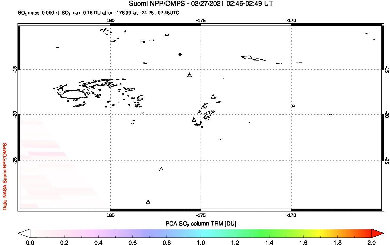 A sulfur dioxide image over Tonga, South Pacific on Feb 27, 2021.