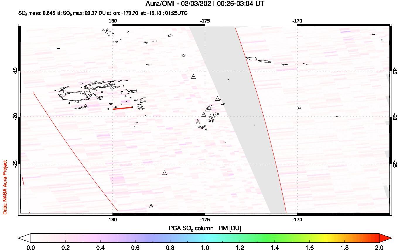 A sulfur dioxide image over Tonga, South Pacific on Feb 03, 2021.