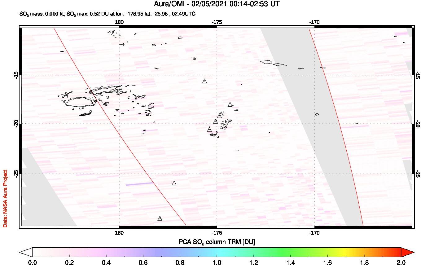 A sulfur dioxide image over Tonga, South Pacific on Feb 05, 2021.