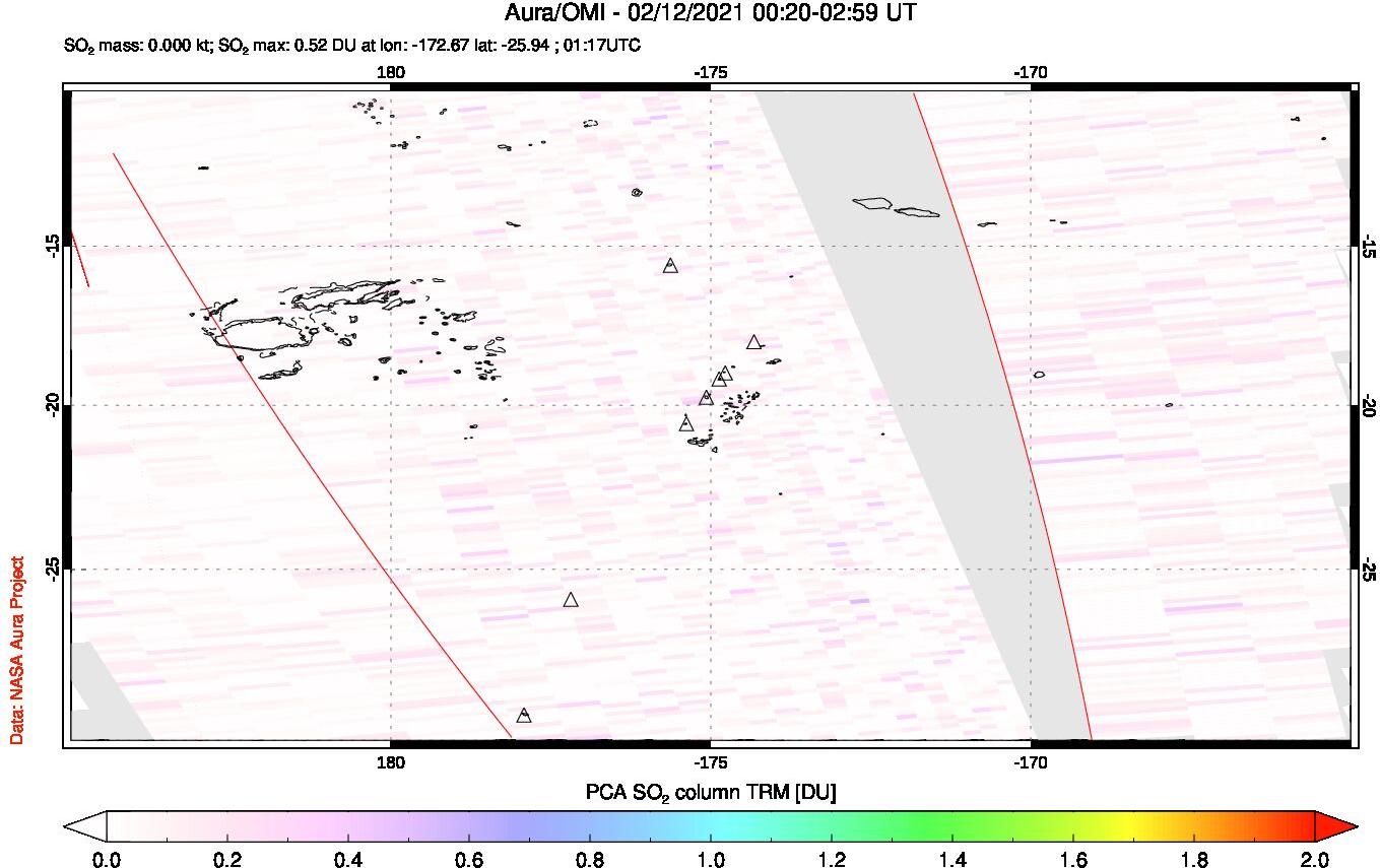 A sulfur dioxide image over Tonga, South Pacific on Feb 12, 2021.