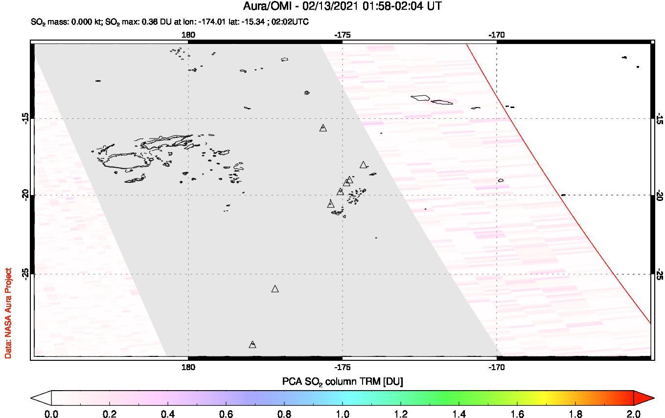 A sulfur dioxide image over Tonga, South Pacific on Feb 13, 2021.