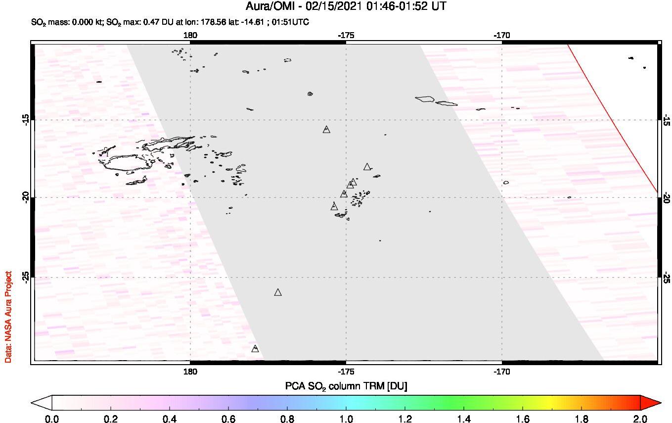A sulfur dioxide image over Tonga, South Pacific on Feb 15, 2021.