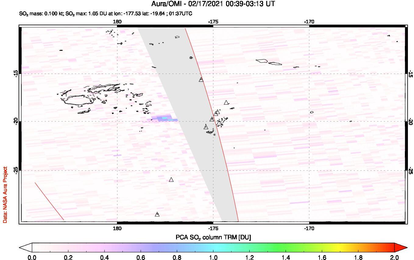 A sulfur dioxide image over Tonga, South Pacific on Feb 17, 2021.