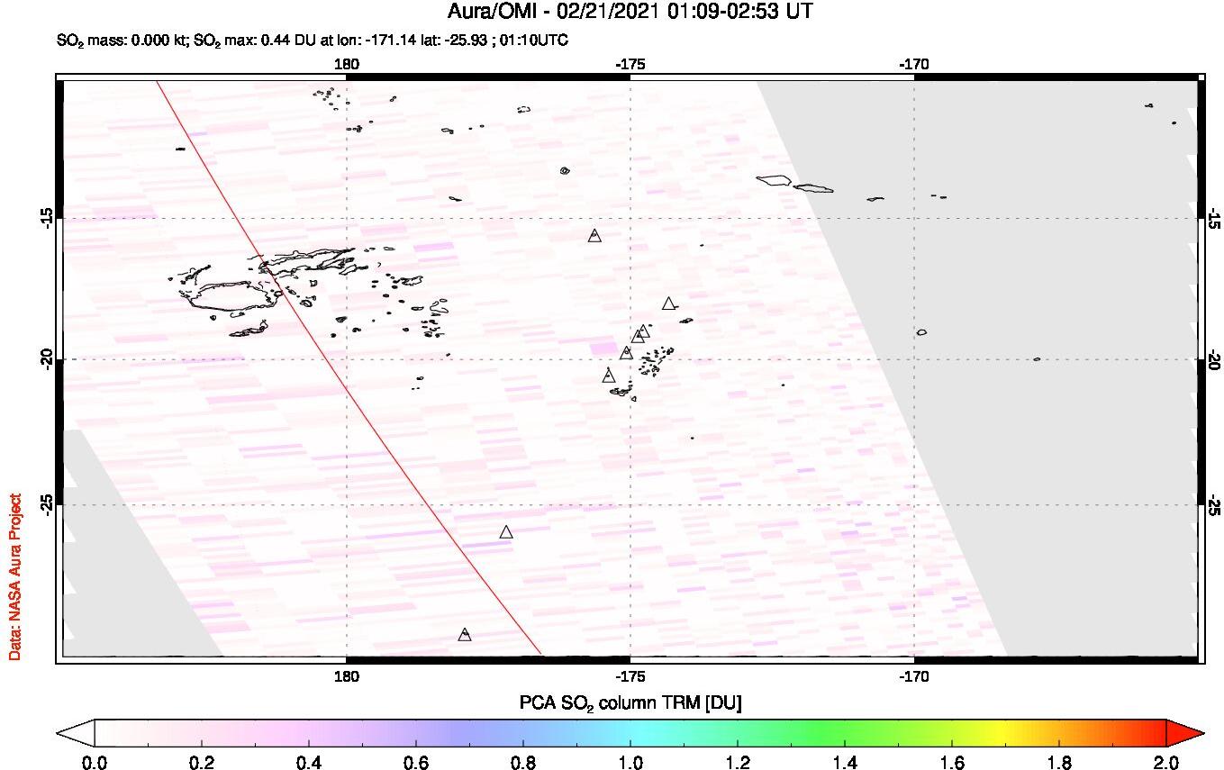 A sulfur dioxide image over Tonga, South Pacific on Feb 21, 2021.