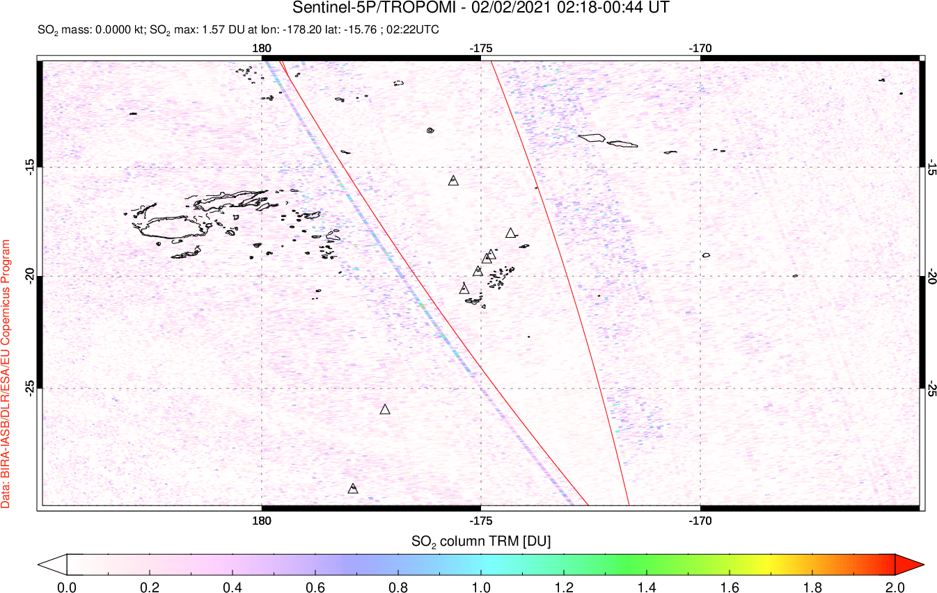 A sulfur dioxide image over Tonga, South Pacific on Feb 02, 2021.
