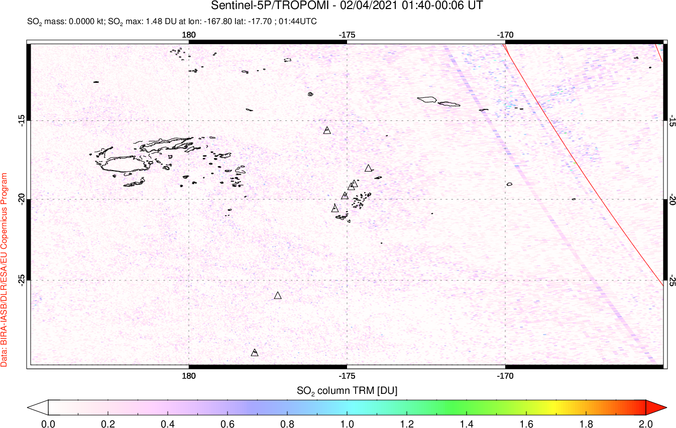A sulfur dioxide image over Tonga, South Pacific on Feb 04, 2021.