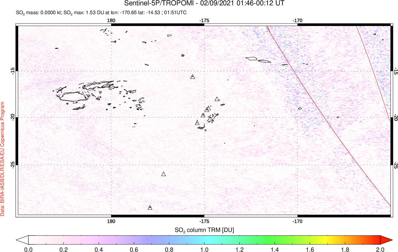 A sulfur dioxide image over Tonga, South Pacific on Feb 09, 2021.