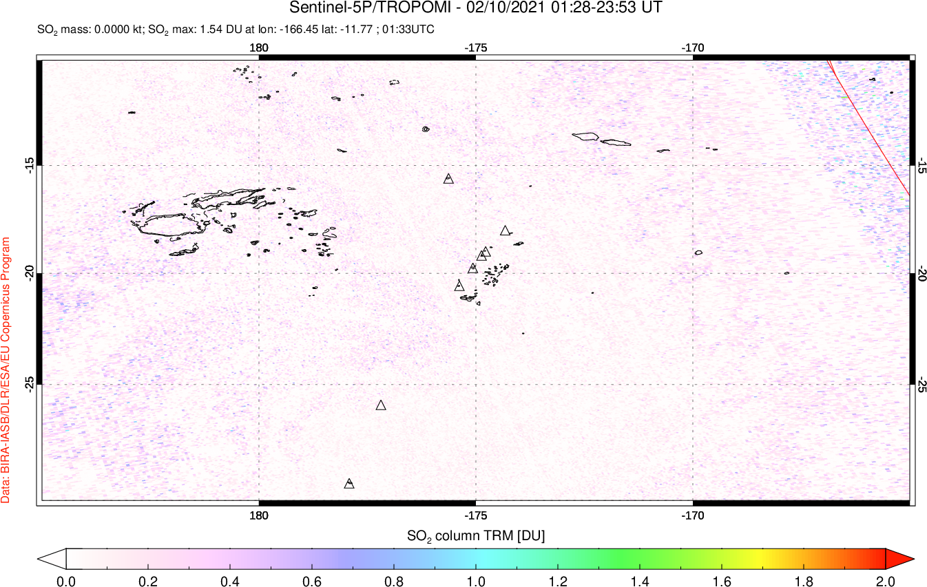 A sulfur dioxide image over Tonga, South Pacific on Feb 10, 2021.