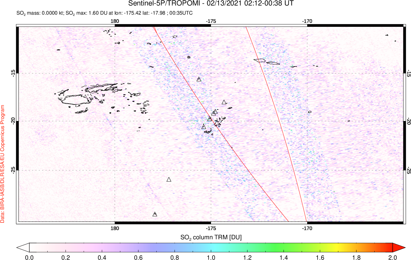 A sulfur dioxide image over Tonga, South Pacific on Feb 13, 2021.