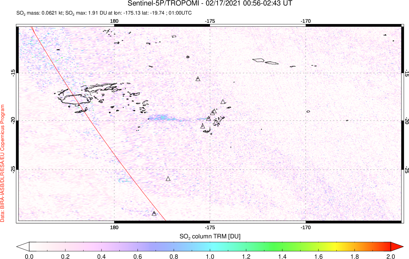 A sulfur dioxide image over Tonga, South Pacific on Feb 17, 2021.