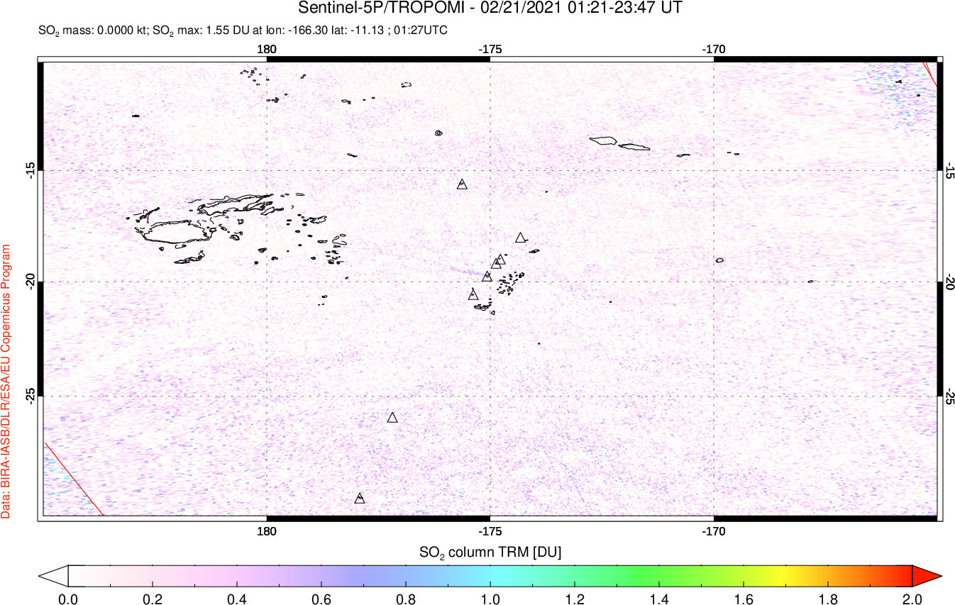A sulfur dioxide image over Tonga, South Pacific on Feb 21, 2021.