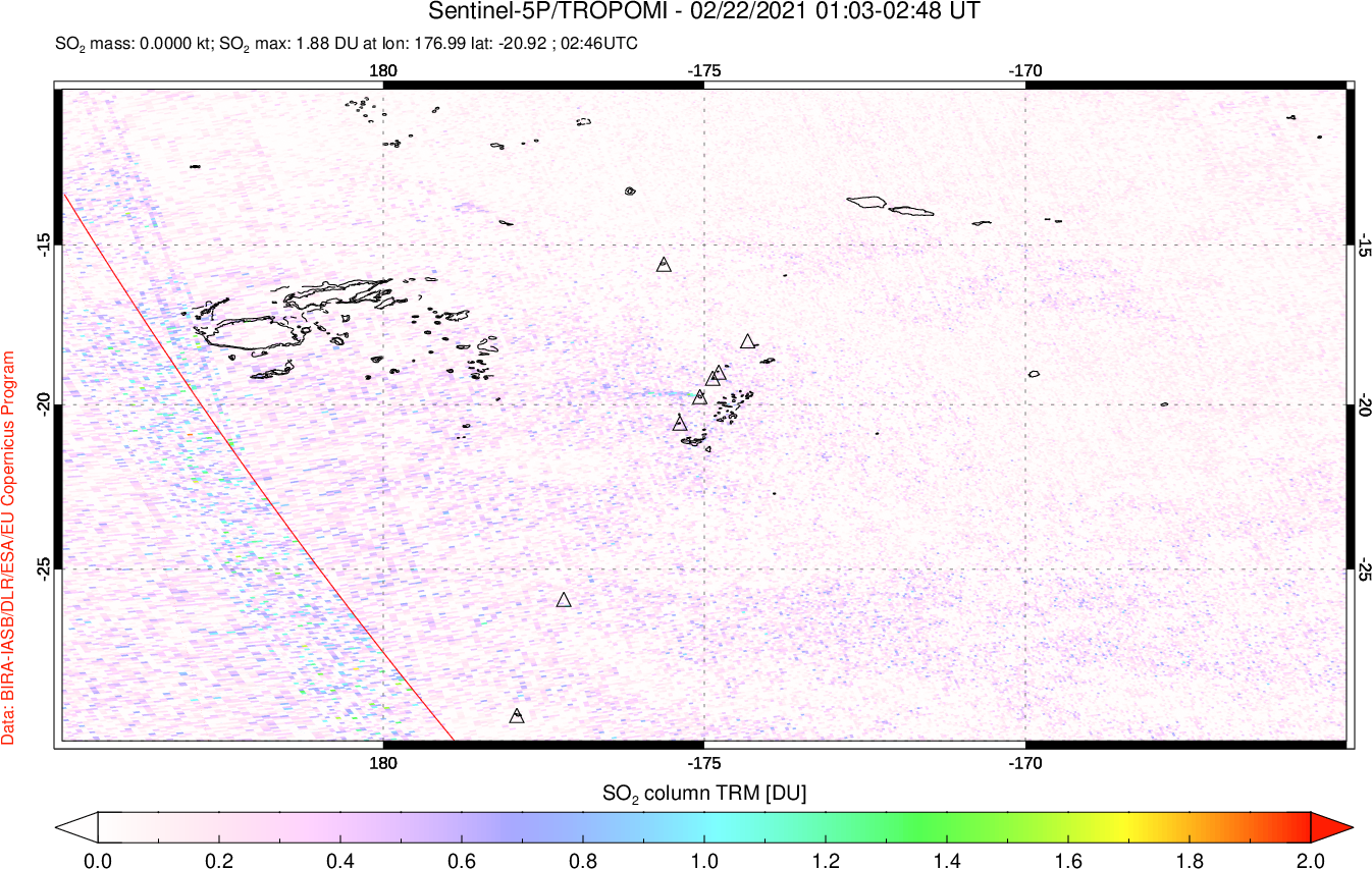 A sulfur dioxide image over Tonga, South Pacific on Feb 22, 2021.