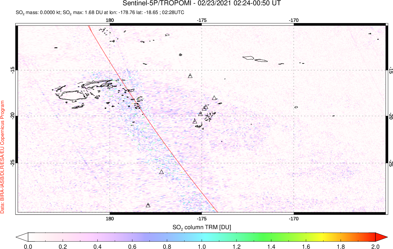A sulfur dioxide image over Tonga, South Pacific on Feb 23, 2021.