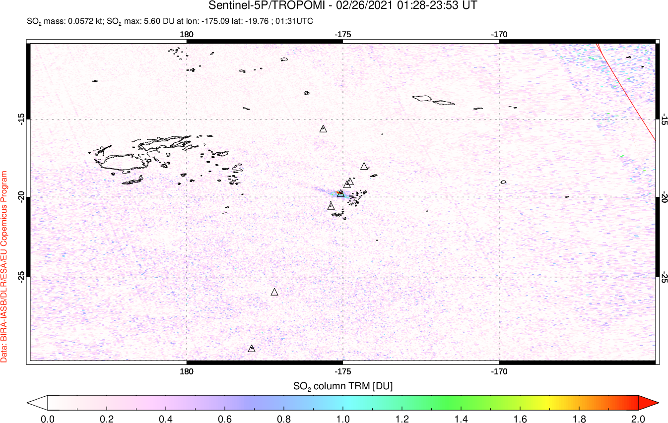 A sulfur dioxide image over Tonga, South Pacific on Feb 26, 2021.