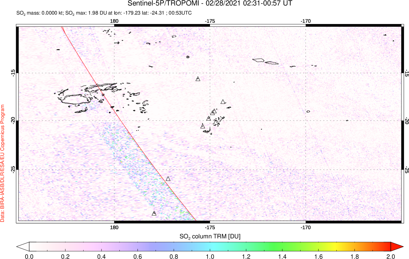 A sulfur dioxide image over Tonga, South Pacific on Feb 28, 2021.