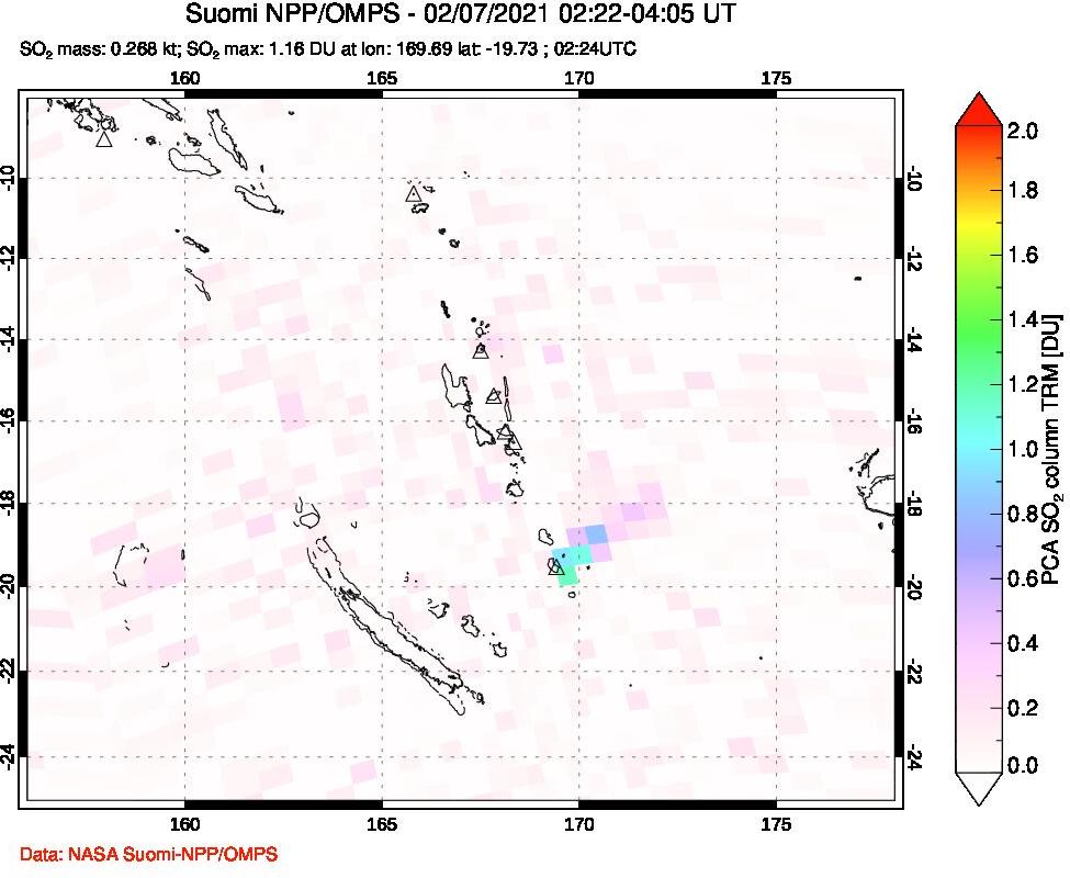A sulfur dioxide image over Vanuatu, South Pacific on Feb 07, 2021.