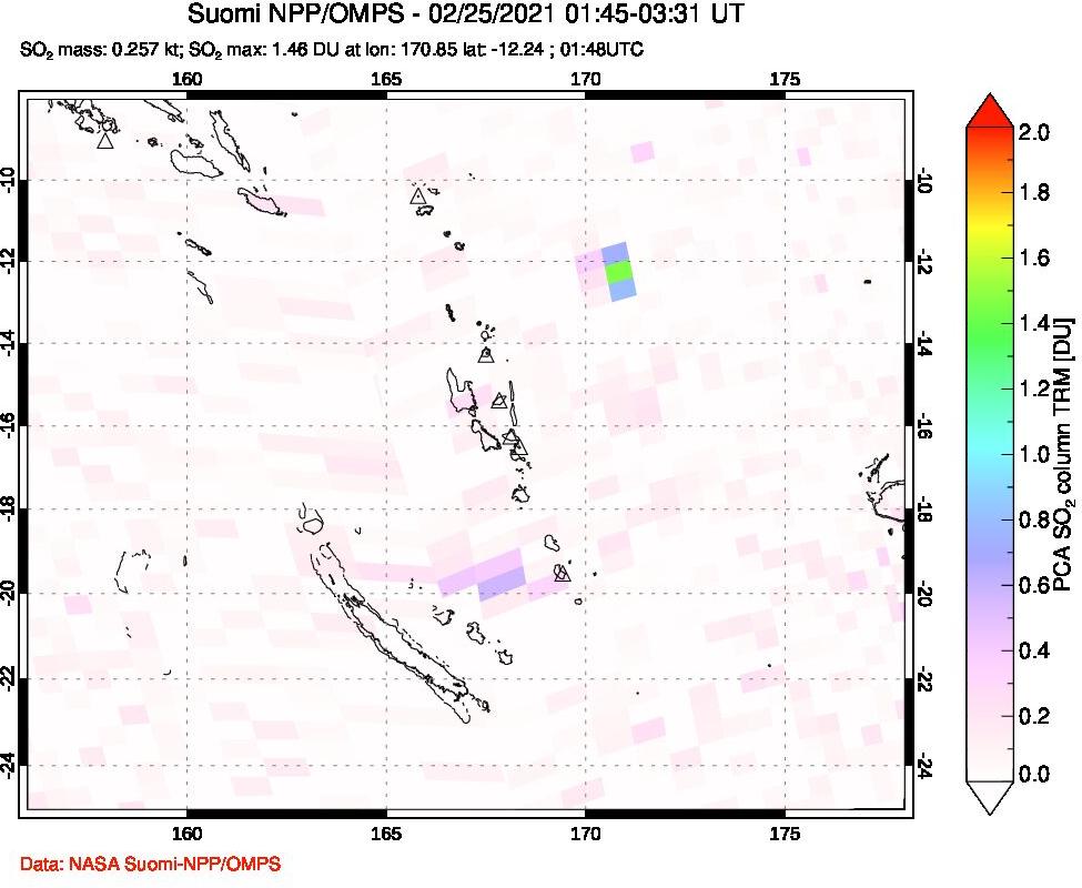 A sulfur dioxide image over Vanuatu, South Pacific on Feb 25, 2021.