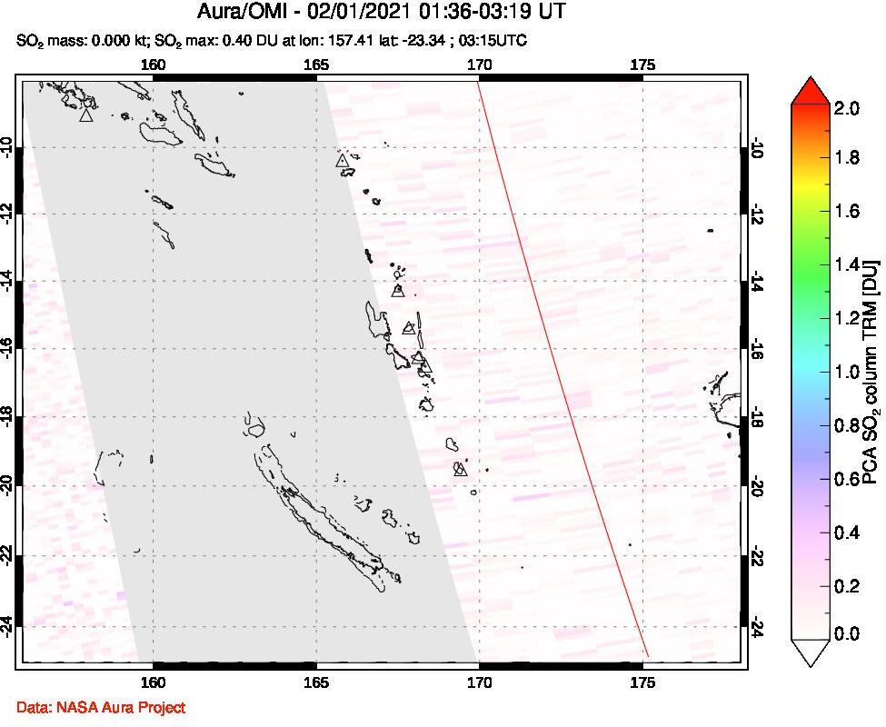 A sulfur dioxide image over Vanuatu, South Pacific on Feb 01, 2021.