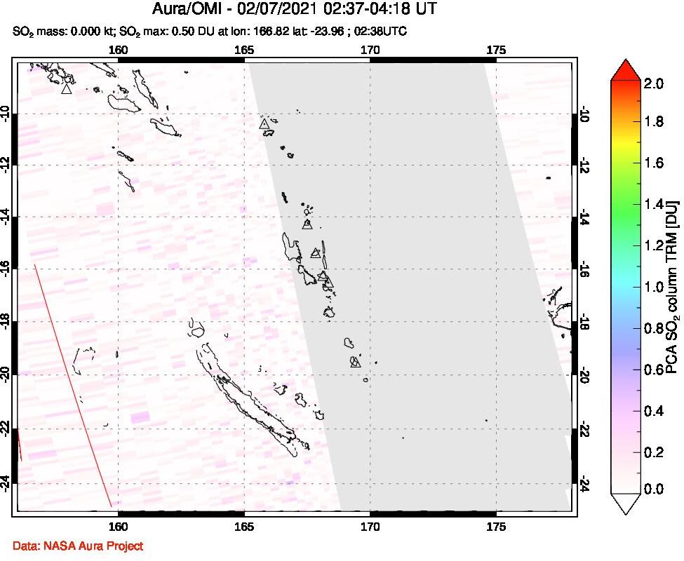 A sulfur dioxide image over Vanuatu, South Pacific on Feb 07, 2021.