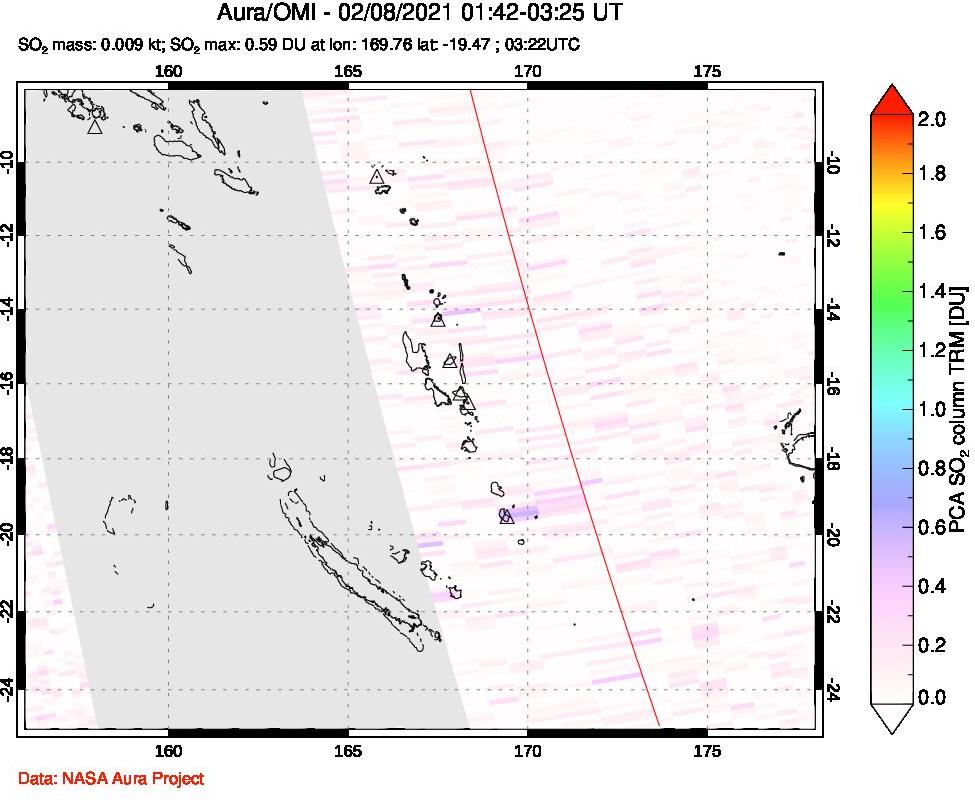 A sulfur dioxide image over Vanuatu, South Pacific on Feb 08, 2021.