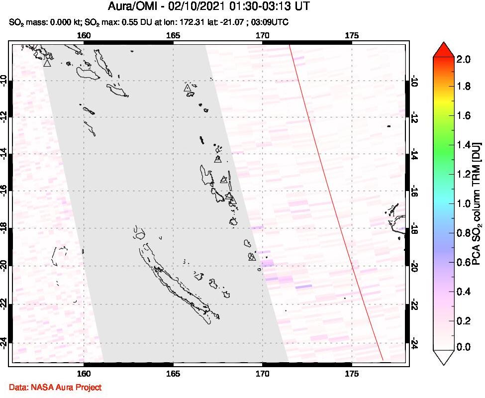 A sulfur dioxide image over Vanuatu, South Pacific on Feb 10, 2021.