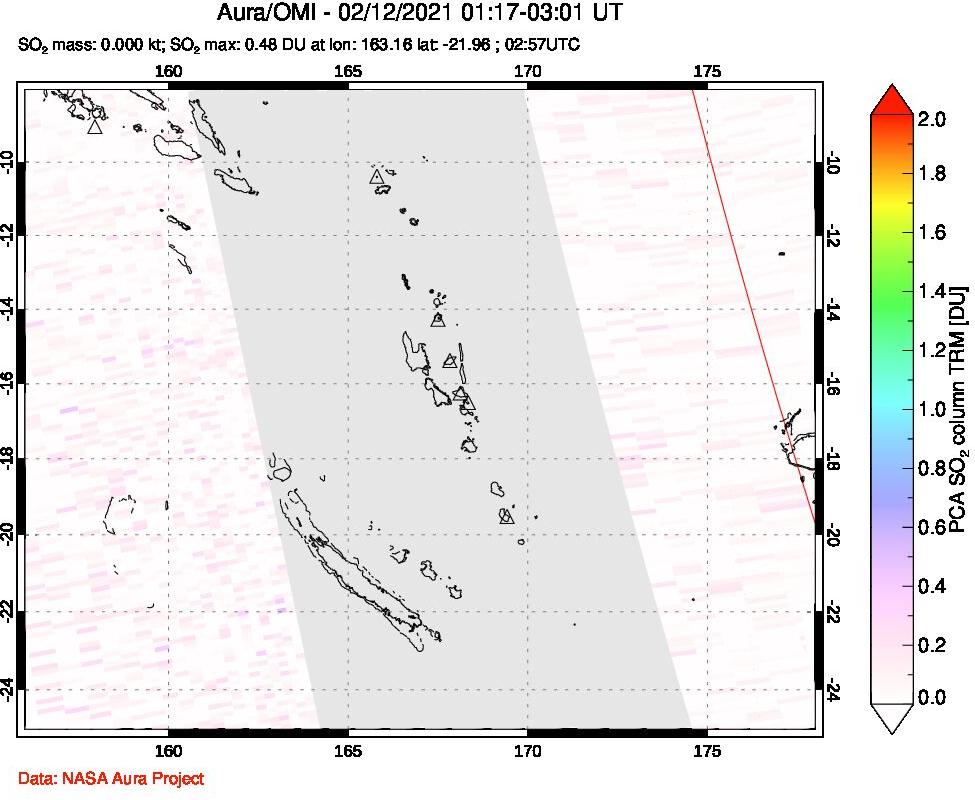 A sulfur dioxide image over Vanuatu, South Pacific on Feb 12, 2021.