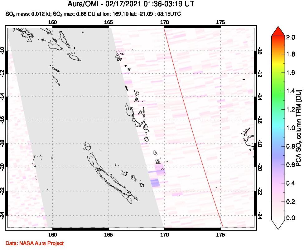 A sulfur dioxide image over Vanuatu, South Pacific on Feb 17, 2021.