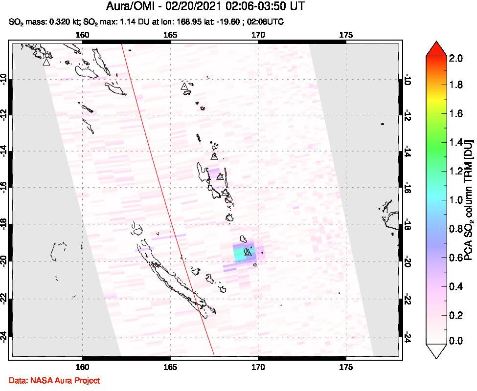 A sulfur dioxide image over Vanuatu, South Pacific on Feb 20, 2021.