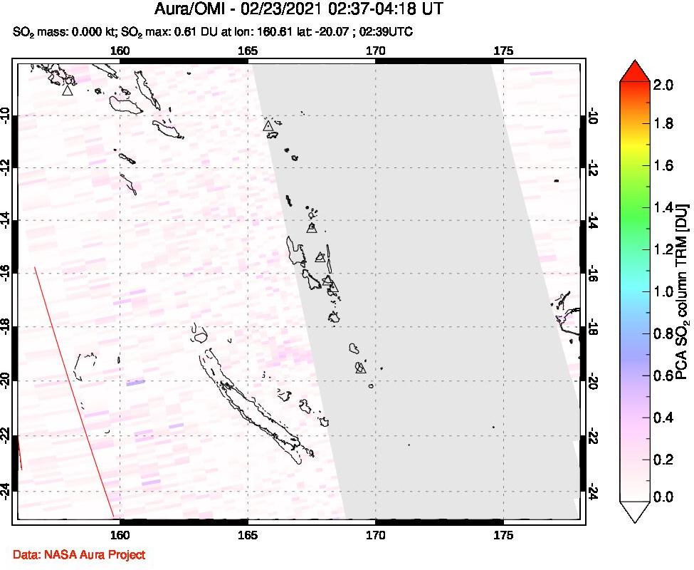 A sulfur dioxide image over Vanuatu, South Pacific on Feb 23, 2021.