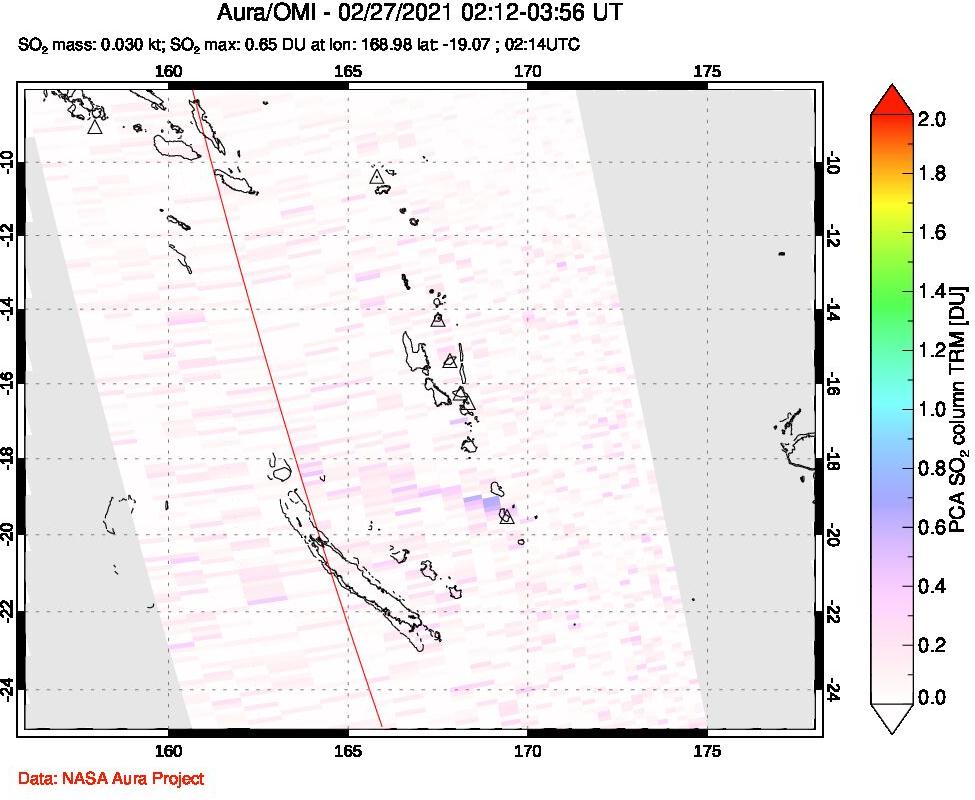 A sulfur dioxide image over Vanuatu, South Pacific on Feb 27, 2021.