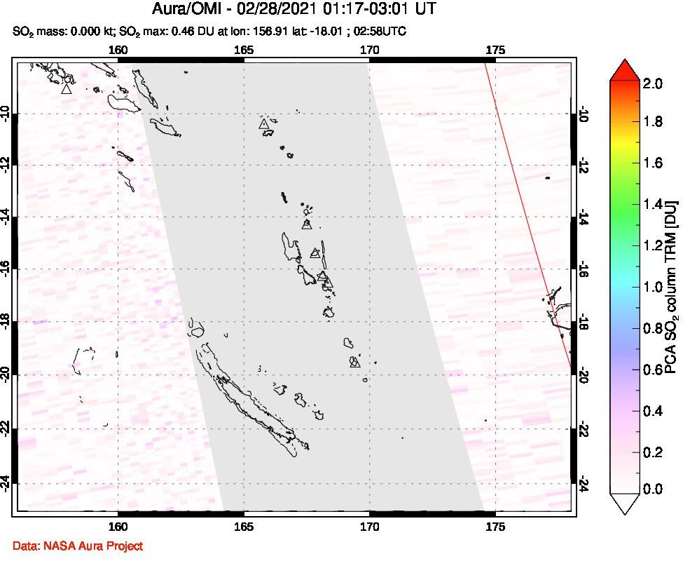 A sulfur dioxide image over Vanuatu, South Pacific on Feb 28, 2021.