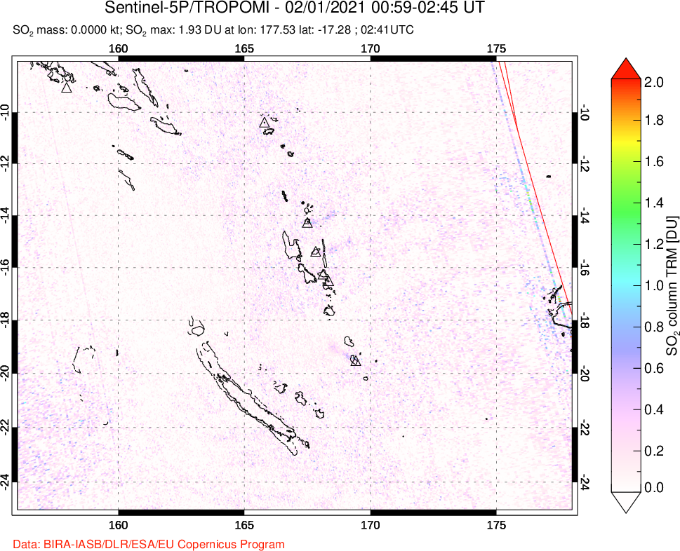 A sulfur dioxide image over Vanuatu, South Pacific on Feb 01, 2021.
