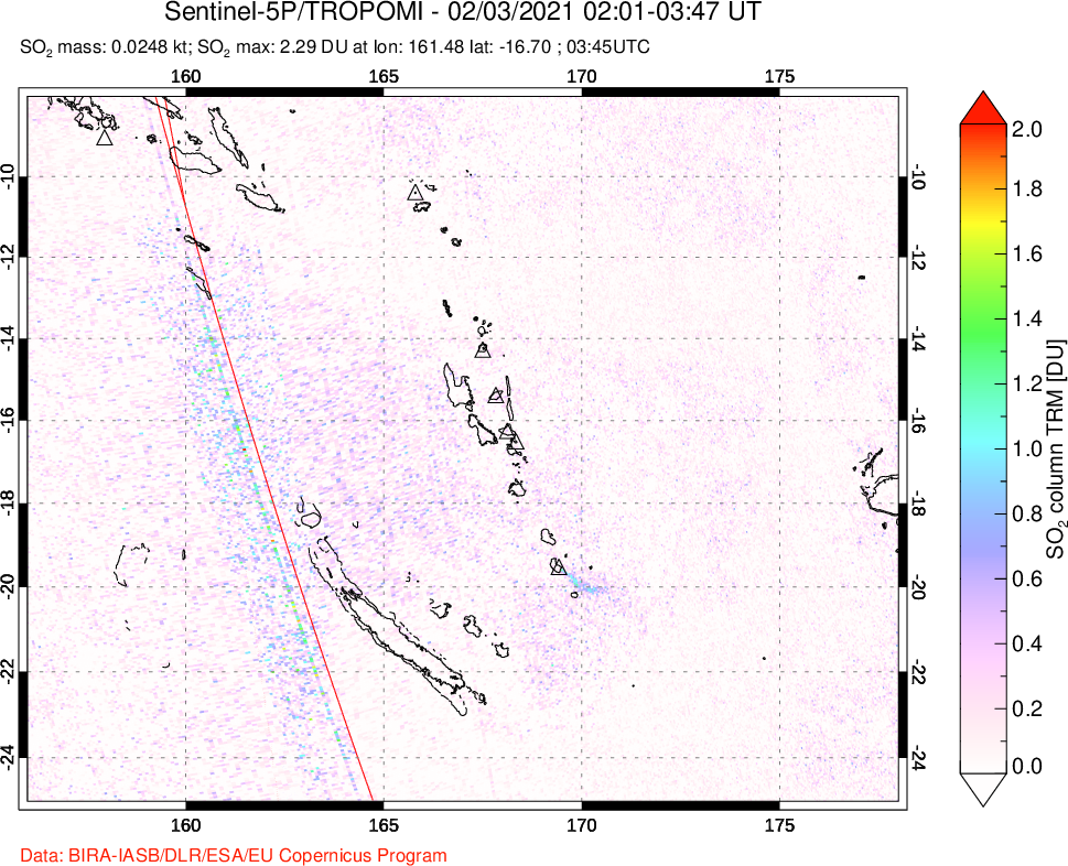 A sulfur dioxide image over Vanuatu, South Pacific on Feb 03, 2021.