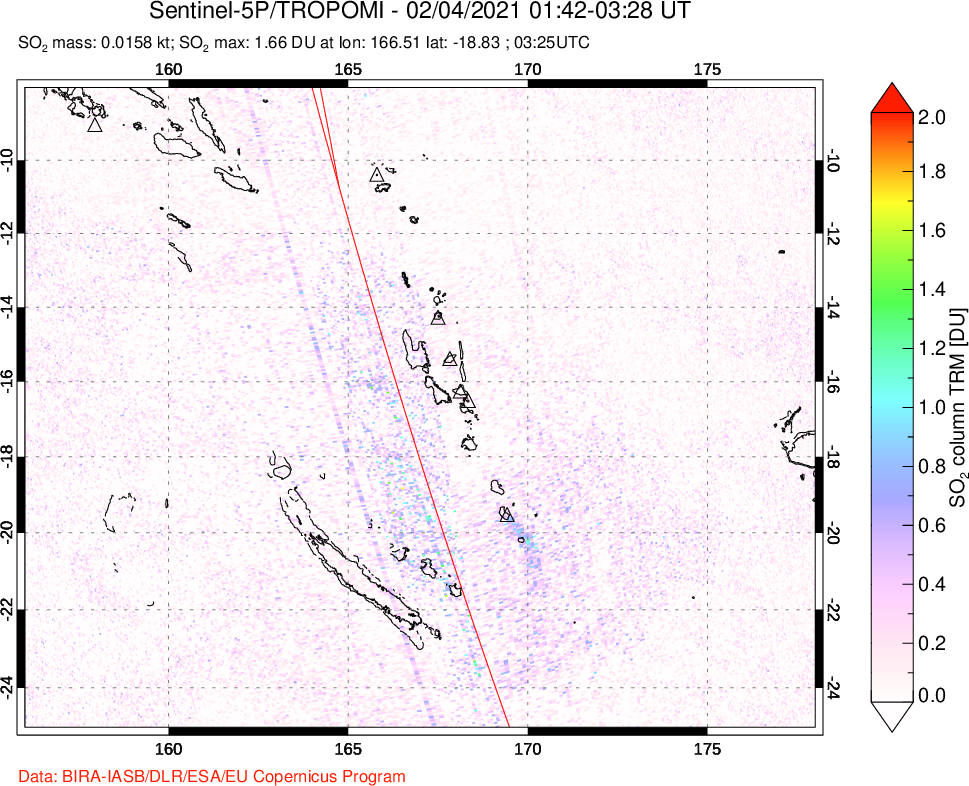 A sulfur dioxide image over Vanuatu, South Pacific on Feb 04, 2021.