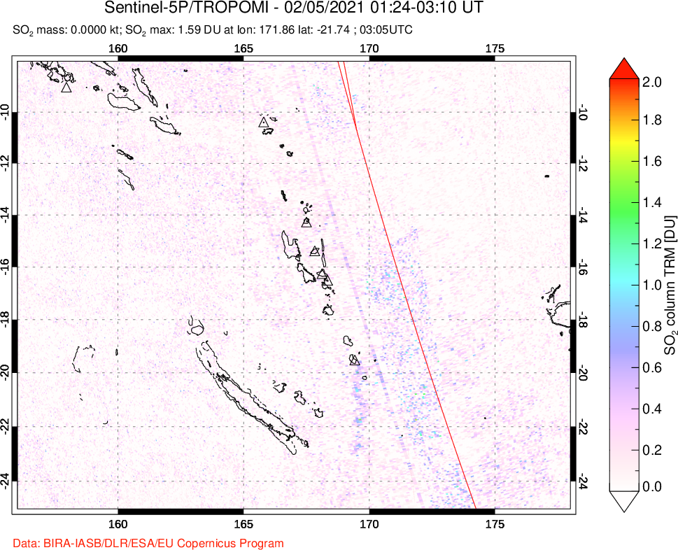 A sulfur dioxide image over Vanuatu, South Pacific on Feb 05, 2021.