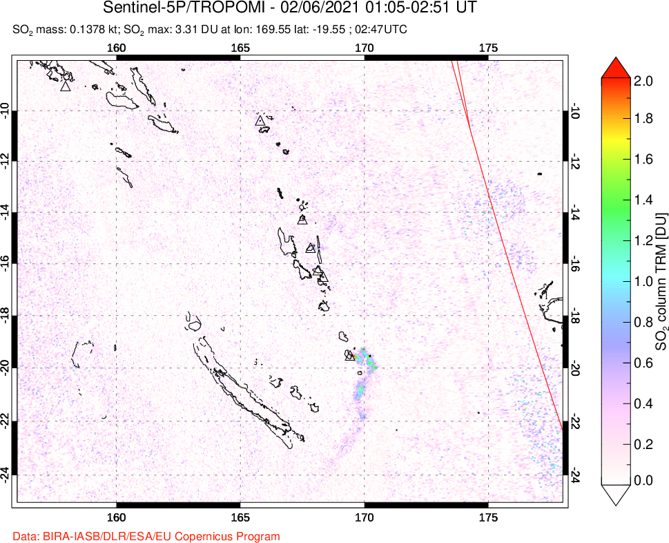 A sulfur dioxide image over Vanuatu, South Pacific on Feb 06, 2021.