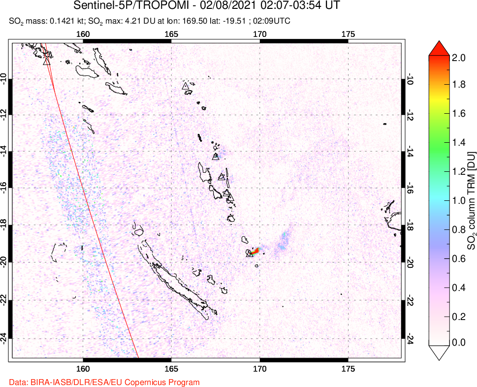 A sulfur dioxide image over Vanuatu, South Pacific on Feb 08, 2021.