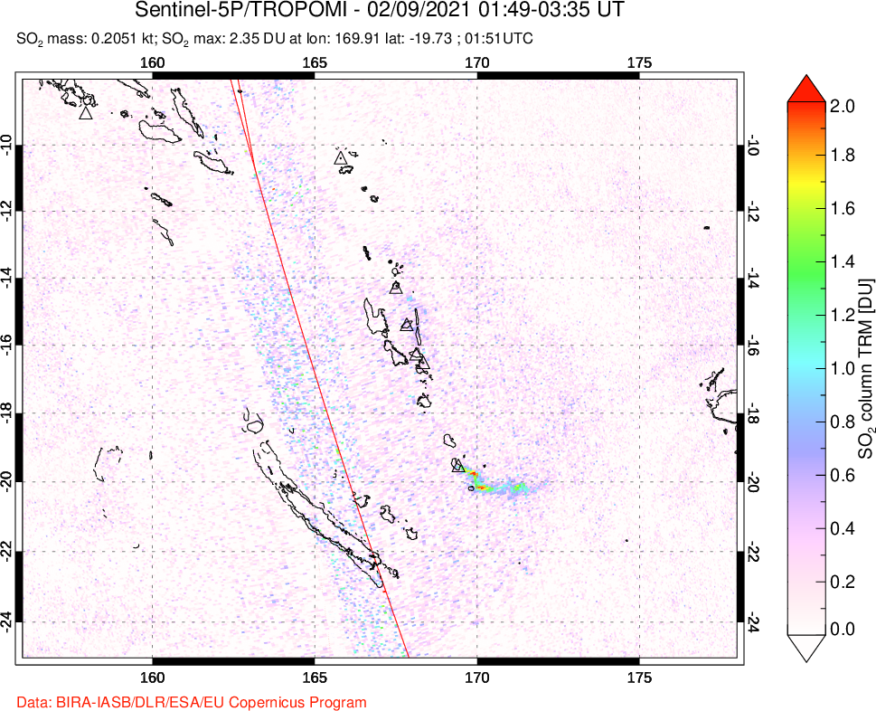 A sulfur dioxide image over Vanuatu, South Pacific on Feb 09, 2021.