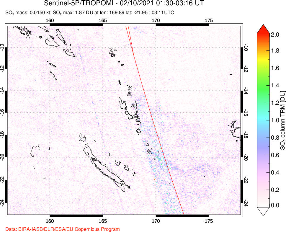 A sulfur dioxide image over Vanuatu, South Pacific on Feb 10, 2021.