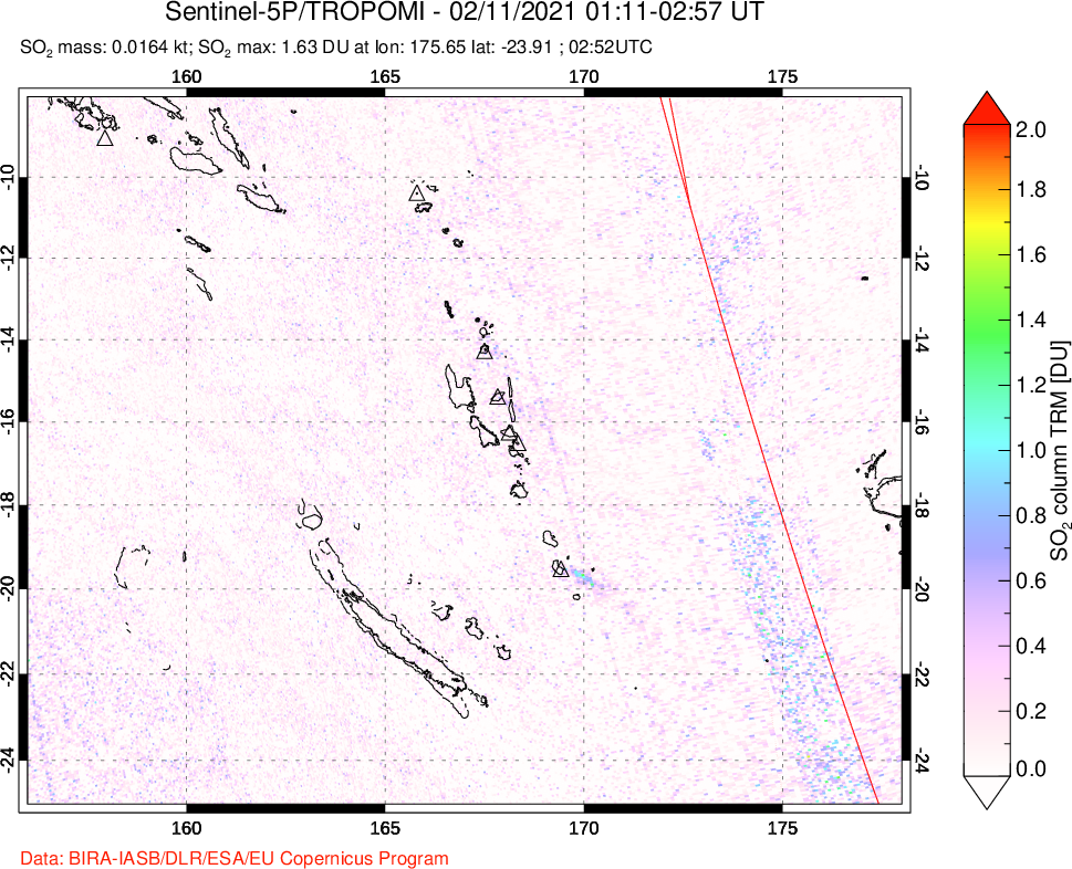 A sulfur dioxide image over Vanuatu, South Pacific on Feb 11, 2021.