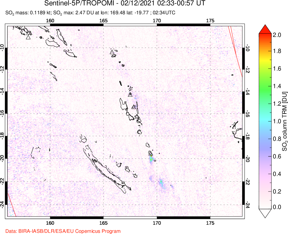 A sulfur dioxide image over Vanuatu, South Pacific on Feb 12, 2021.