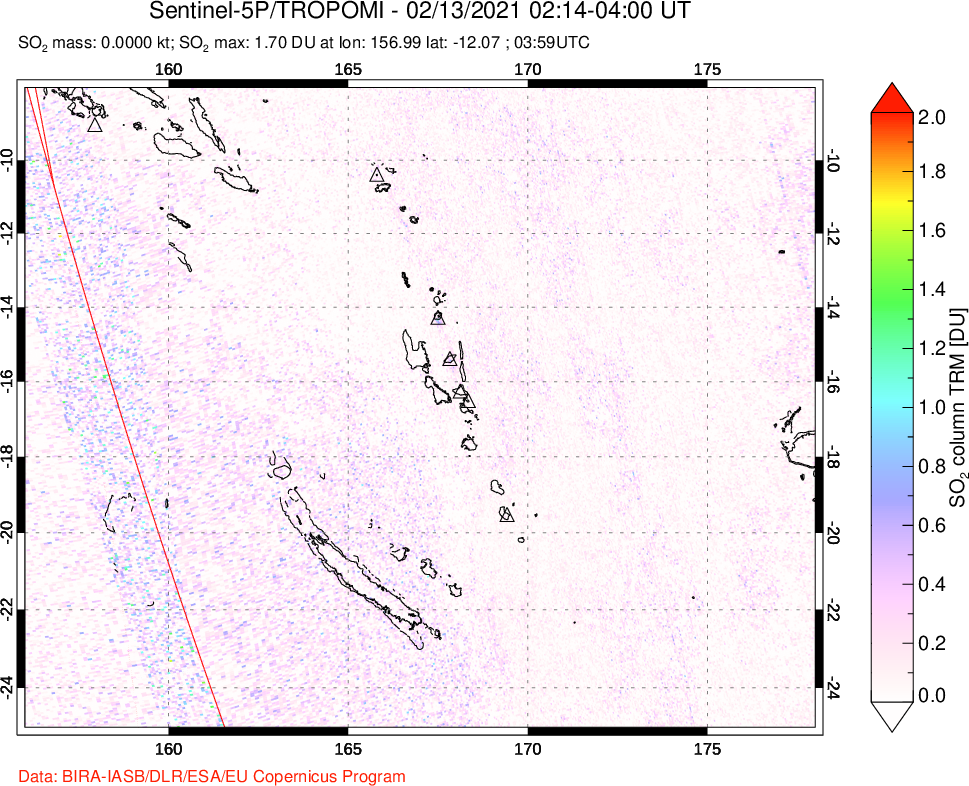 A sulfur dioxide image over Vanuatu, South Pacific on Feb 13, 2021.
