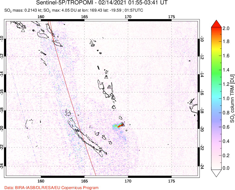 A sulfur dioxide image over Vanuatu, South Pacific on Feb 14, 2021.