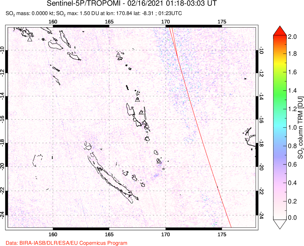 A sulfur dioxide image over Vanuatu, South Pacific on Feb 16, 2021.