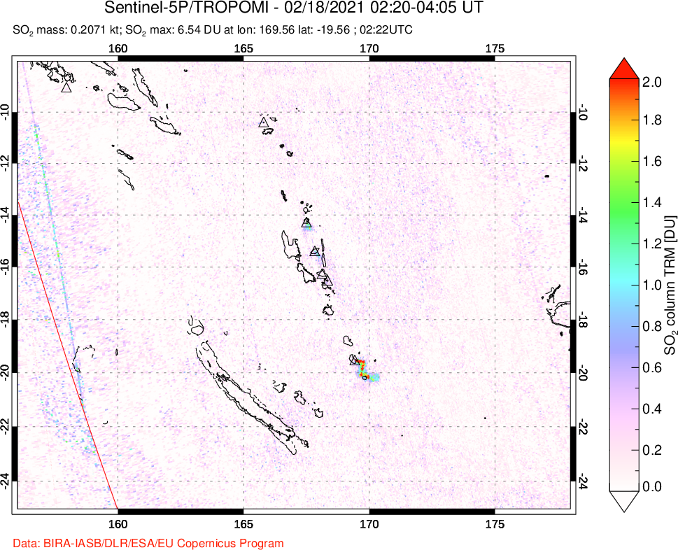A sulfur dioxide image over Vanuatu, South Pacific on Feb 18, 2021.