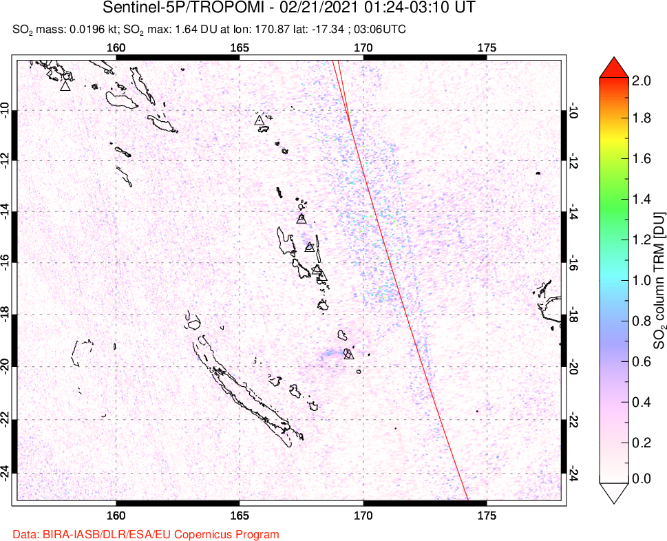 A sulfur dioxide image over Vanuatu, South Pacific on Feb 21, 2021.
