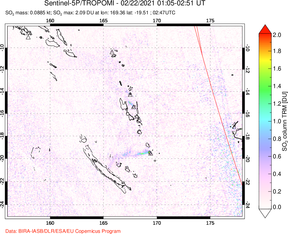 A sulfur dioxide image over Vanuatu, South Pacific on Feb 22, 2021.
