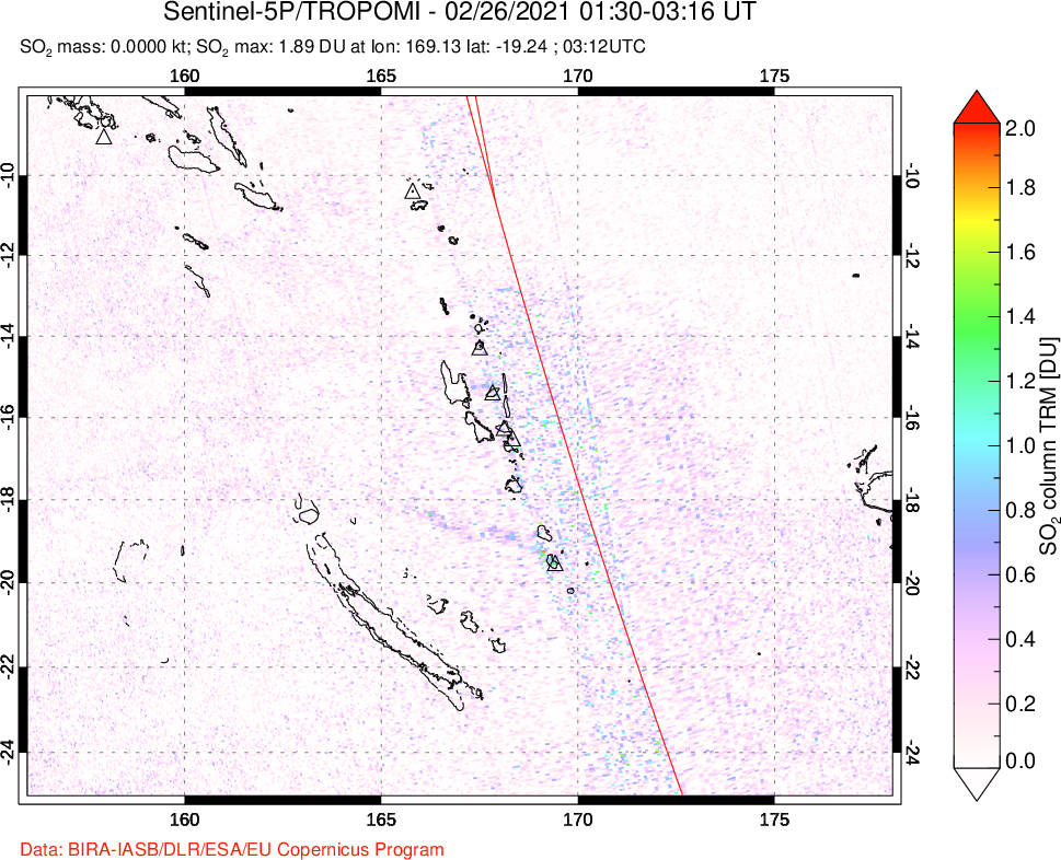 A sulfur dioxide image over Vanuatu, South Pacific on Feb 26, 2021.
